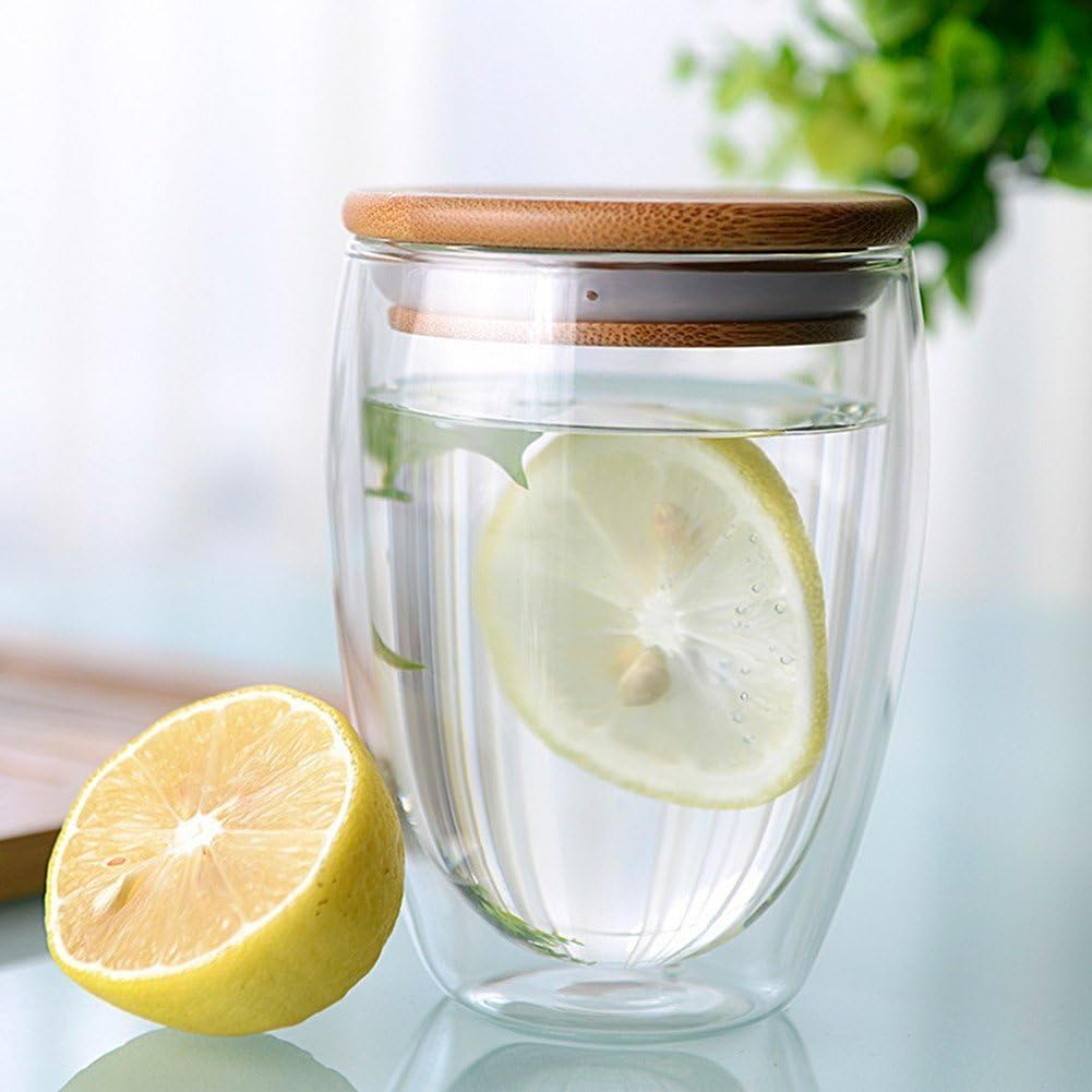 Tasse Double Paroi en Verre avec couvercle en Bambou – 350 ml