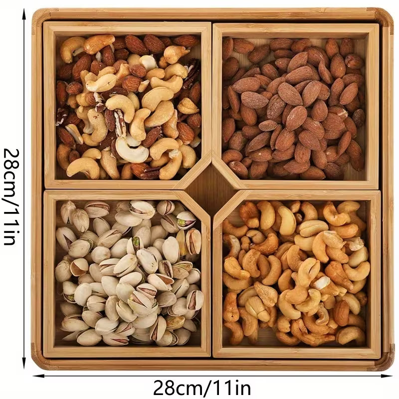 Plateau de Service en Bambou avec Couvercle 4 Compartiments Carrés