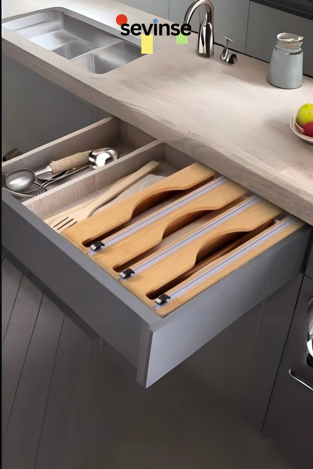 Distributeur Film Alimentaire 3 en 1 en Bambou