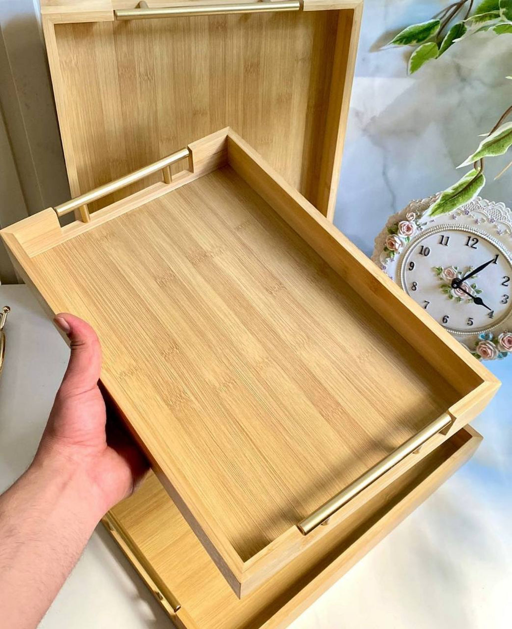 Plateau Petit-Déjeuner en Bambou – Set 3 Pièces avec Poignées Dorées