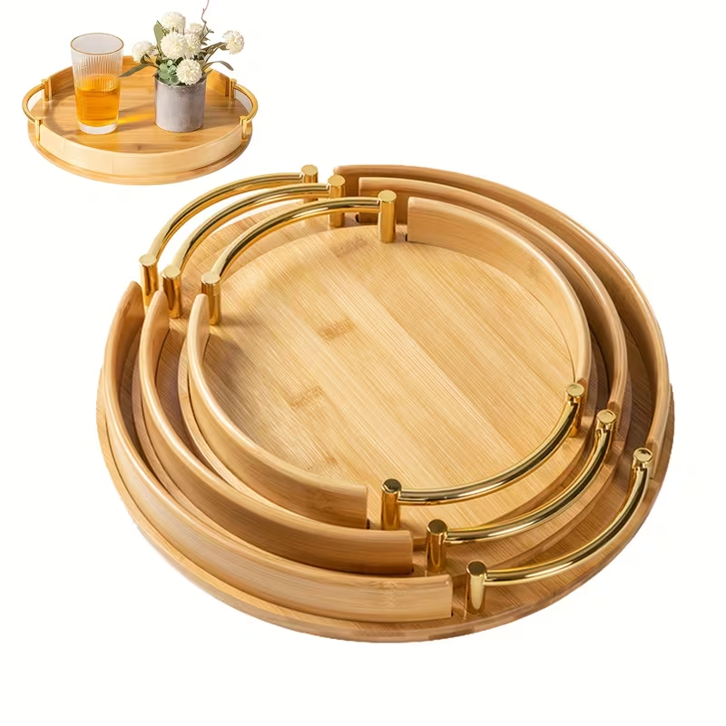 Plateau de Service 3-en-1 en Bambou – Poignées à Bordure Dorée