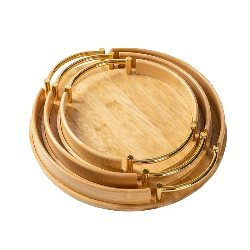 Plateau de Service 3-en-1 en Bambou – Poignées à Bordure Dorée