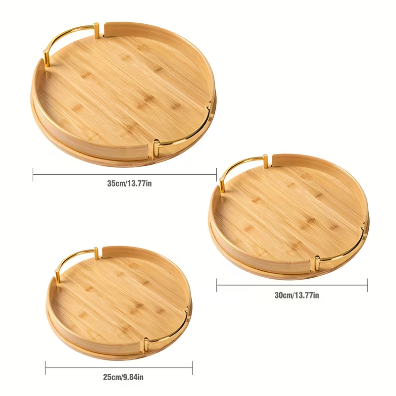 Plateau de Service 3-en-1 en Bambou – Poignées à Bordure Dorée
